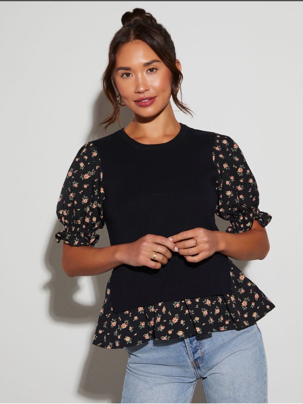Vici Black Peplum Top with Floral Puff Sleeves